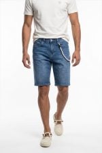 TELAMIRA DENIM RIPPED BERMUDA CHAIN SHORTS
